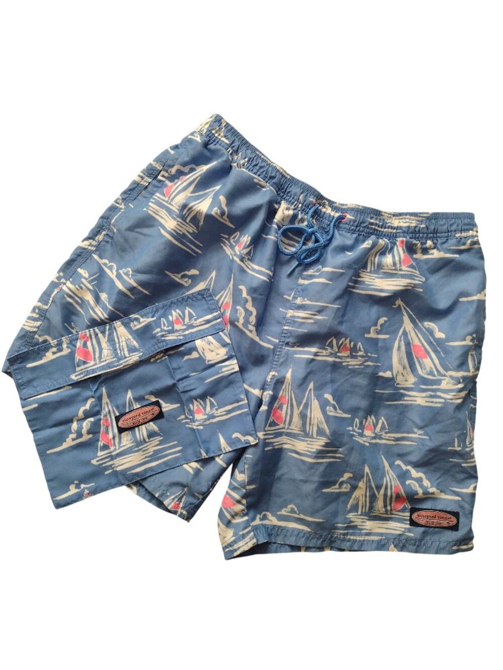 Vinyard Vines Mens Swim Trunks L 6.5" Inseam Blue Sailboat Print Preppy w Bag